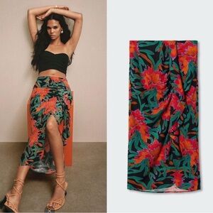 Mango Floral Cascading Ruffle Slit Midi Dress